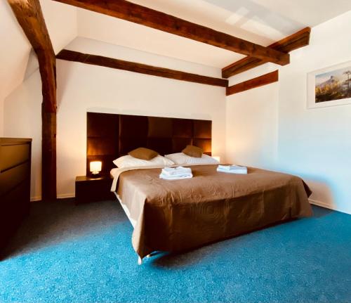 a bedroom with a large bed and a blue carpet at Apartmány Emma in Česká Kamenice