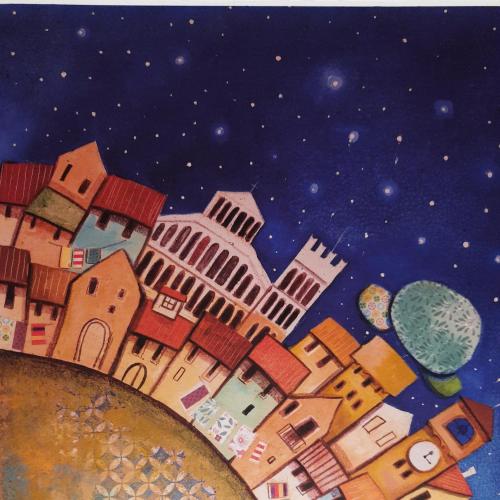 a painting of a group of buildings in the sky at La Colonna (Historic Centre) in Lucca
