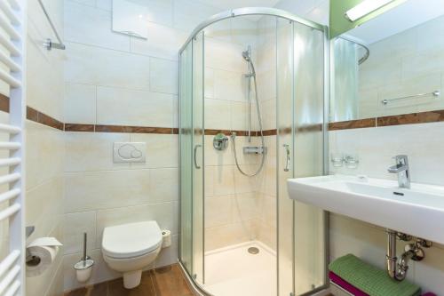 a bathroom with a shower and a toilet and a sink at Brandstatthof Leogang in Leogang