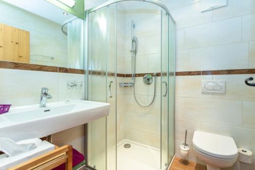 a bathroom with a shower and a sink and a toilet at Brandstatthof Leogang in Leogang