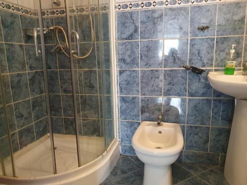 a bathroom with a shower and a toilet and a sink at 2 rooms unirii in Bucharest