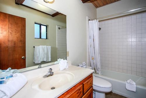 a bathroom with a sink and a toilet and a mirror at Breezy Two-113 by Big Bear Vacations in Big Bear Lake