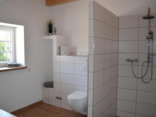 ein Bad mit einem WC und einer Dusche in der Unterkunft Skandinavische Ferienwohnung auf Gut Bennewohld JH in Heide
