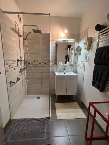 La salle de bains est pourvue d'une douche et d'un lavabo. dans l'établissement Hotel de la Gare, à Saint-Mihiel