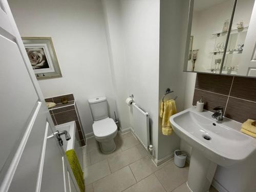 a bathroom with a white toilet and a sink at Comet place in Wellingborough