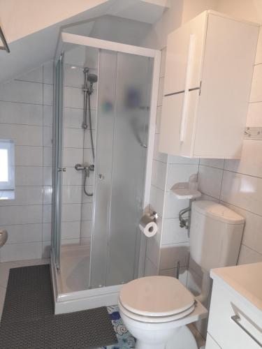 a white bathroom with a shower and a toilet at Apartments Donella in Umag