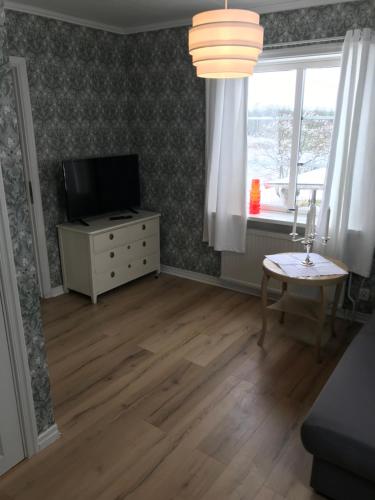 a living room with a television and a table and a window at Sjötorps Säteris Bed & Breakfast Flygeln in Larv