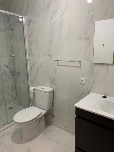 W łazience znajduje się toaleta, prysznic i umywalka. w obiekcie Casa da Oliveira w mieście Mesão Frio