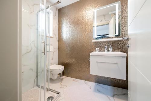 a bathroom with a toilet and a sink and a shower at Dolce Studio Apartmani in Rovinj