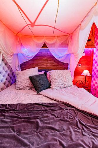 - un lit dans une tente avec des rideaux roses et violets dans l'établissement Le Néflier Dijon - appart balnéo - SPA romantique pour 2, à Dijon