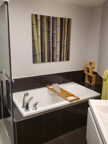 ein Bad mit einem Waschbecken und einem Spiegel in der Unterkunft Dans Les Bras de Memphré in Magog-Orford