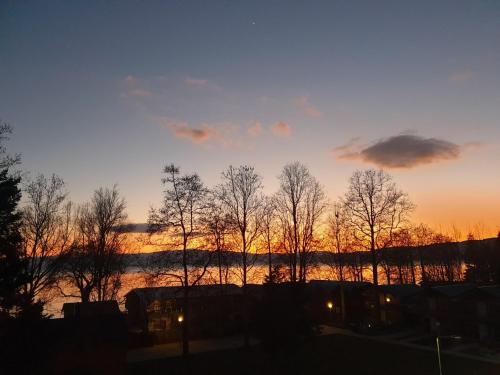 a sunset with trees in front of a body of water at Villa & Apartments Antigona in Ohrid