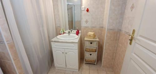 a bathroom with a white sink and a mirror at Bas de maison de village cosy & relax in Vero