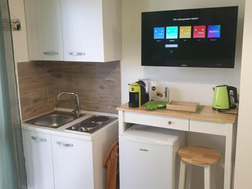 a small kitchen with a sink and a microwave at ele&gio accomodation in Tropea