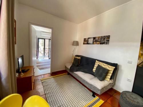 a living room with a couch and a television at Refúgio da Vila - Refuge of the Village in Vouzela