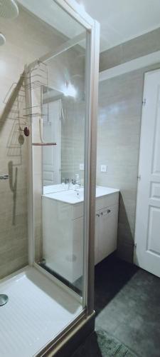 une salle de bain avec une douche en verre et un lavabo dans l'établissement Bel Horizon 3, à Sainte-Maxime