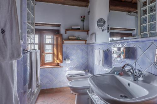a blue and white bathroom with a sink and a toilet at B&B Hotel La Piana in Borgo a Buggiano