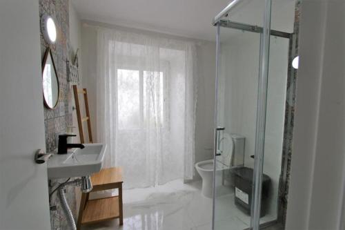 a bathroom with a shower and a sink and a toilet at Casa Rural Mañanas Felices in Martos