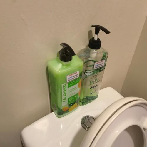 two bottles of cleaning products sitting on top of a toilet at Avida Davao Condos, downtown CM Recto Avenue, Davao City in Davao City