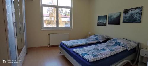 een slaapkamer met een bed en een raam bij OneBeach Apartman in Siófok