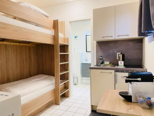 ハンブルクにあるHana Aparthotelの小さなキッチン(二段ベッド1組付)が備わる客室です。