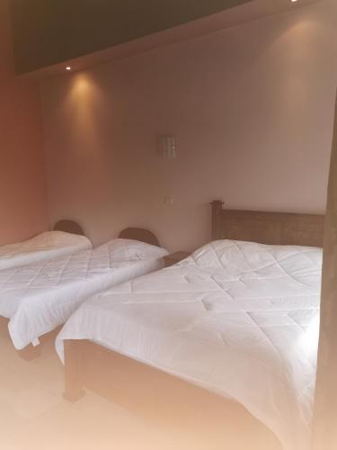 two beds in a bedroom with white sheets at Hotel Vale's in Chiles