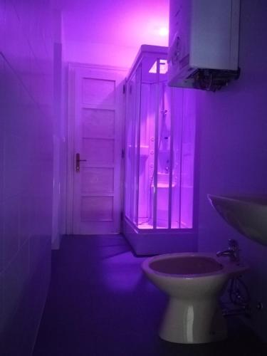 baño con iluminación púrpura, lavabo y aseo en appartamento Florianca, en Tarvisio