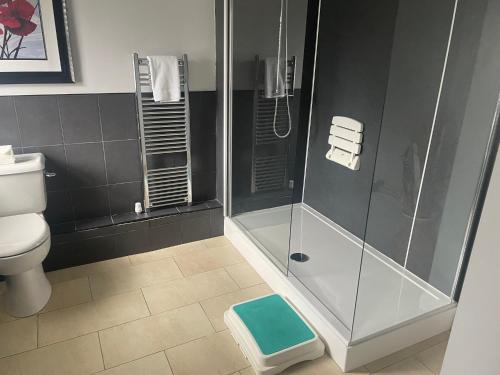 a bathroom with a shower and a toilet at The Moorings Hotel in Edmondsley