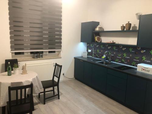 a kitchen with a sink and a table with a tableablish at Apartament w Bydgoszczy, dzielnica muzyczna in Bydgoszcz