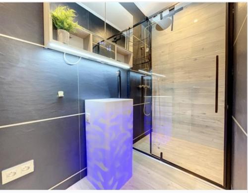 Un baño con ducha y una pared azul. en Appartement Palais des Festivals, en Cannes