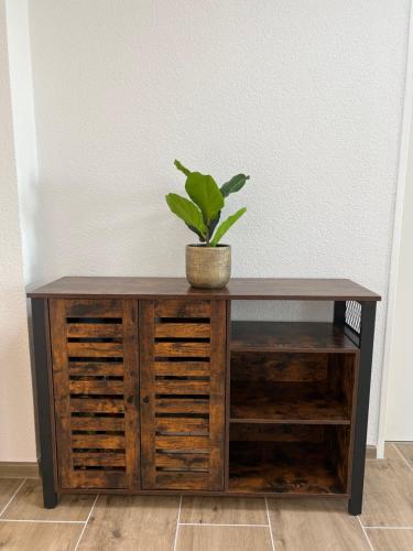a wooden desk with a potted plant on top at SPA-Apartment mit Sauna in Ulm-Böfingen in Ulm