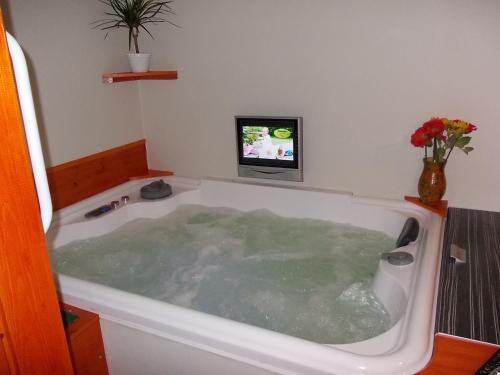 a bath tub filled with water with a tv at Maxilux Studio in Berekfürdő