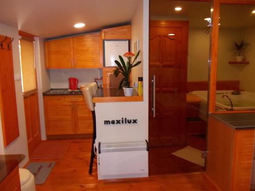 a small kitchen with a refrigerator and a counter at Maxilux Studio in Berekfürdő