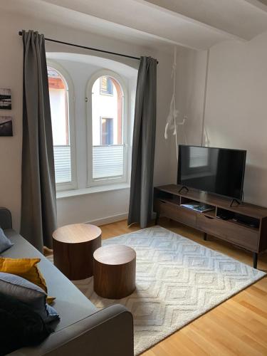 a living room with a couch and a flat screen tv at City Apartment in Mainz