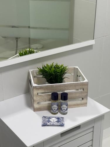 a white counter with a wooden box with a plant in it at MIRASOL 10 in Figueira da Foz