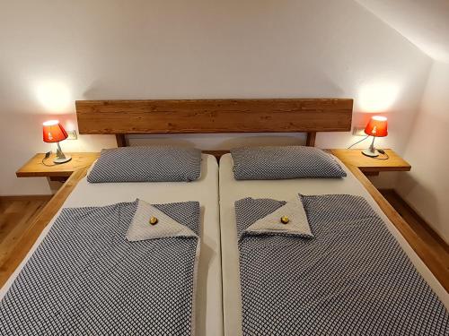 two beds in a room with two lamps on tables at Allgäuer Heimat in Rettenberg