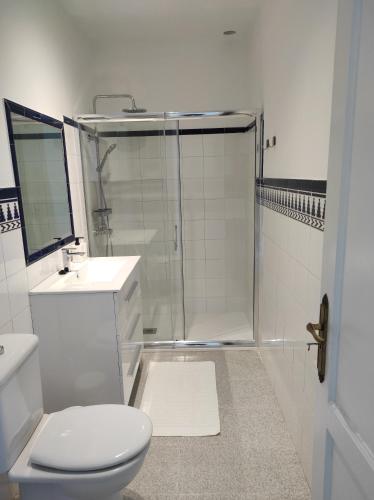 a white bathroom with a shower and a toilet at Cráter 1 in El Paso