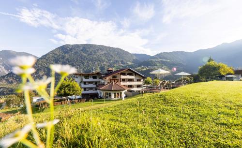 a green field with houses and mountains in the background at Aktiv Panoramahotel Daniel in Sautens