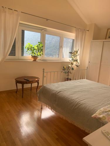 1 dormitorio con 1 cama, 1 mesa y 2 ventanas en B&B LUCHICHI, en Igalo