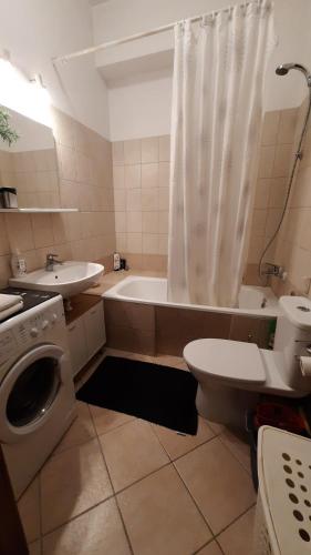 a bathroom with a tub and a toilet and a sink at Pelican - Czarny Dwór A in Zaspa