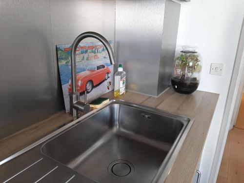 eine Küchenspüle mit einem Wasserhahn und einem Bild eines Autos in der Unterkunft Appartement au lac du chateau in Flers-lez-Lille