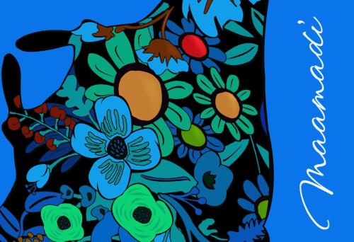 a painting of flowers on a black background at Maamadi Boutique in Maafushi