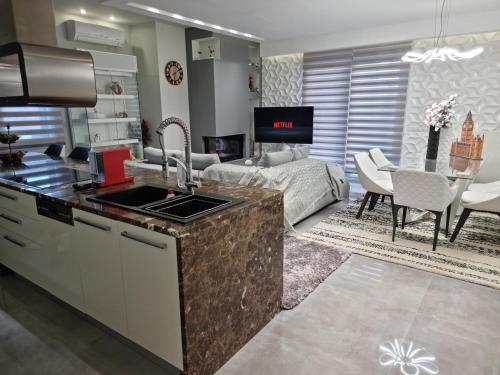 een keuken en een woonkamer met een bank en een tafel bij Luxury Suite Agria in Agria