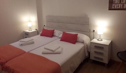 a bedroom with two beds with red pillows at Mirador del Río in Alcañiz
