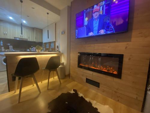 a living room with a fireplace and a tv on a wall at CAL DOMÈNEC RIALP - Dúplex con encanto - Se admiten mascotas in Rialp