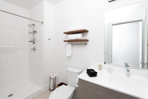 a bathroom with a toilet and a sink and a mirror at Flexhome Skywalk to Fiserv 1BR Apt U4 - READ INFO in Milwaukee