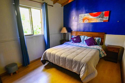 a bedroom with a bed with purple pillows and a window at Gecko Hostel in Pucón