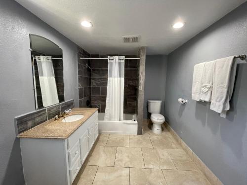 a bathroom with a sink and a shower and a toilet at Cornett Motel in Los Angeles