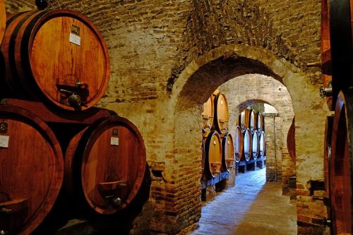 a row of wine barrels in a brick wall at Contucci Residenze d'Epoca in Montepulciano