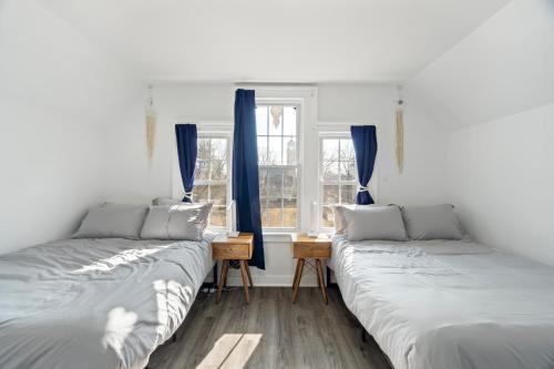two beds in a room with blue curtains at Cozy Gem in the Heart of East Rock with FREE Parking near Yale and DT in New Haven